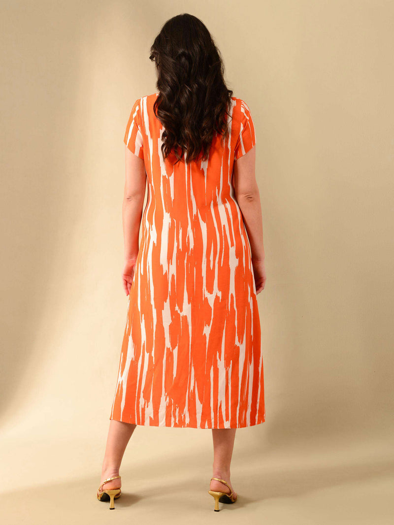 Orange Brushstroke Print Cap Sleeve Midi Dress