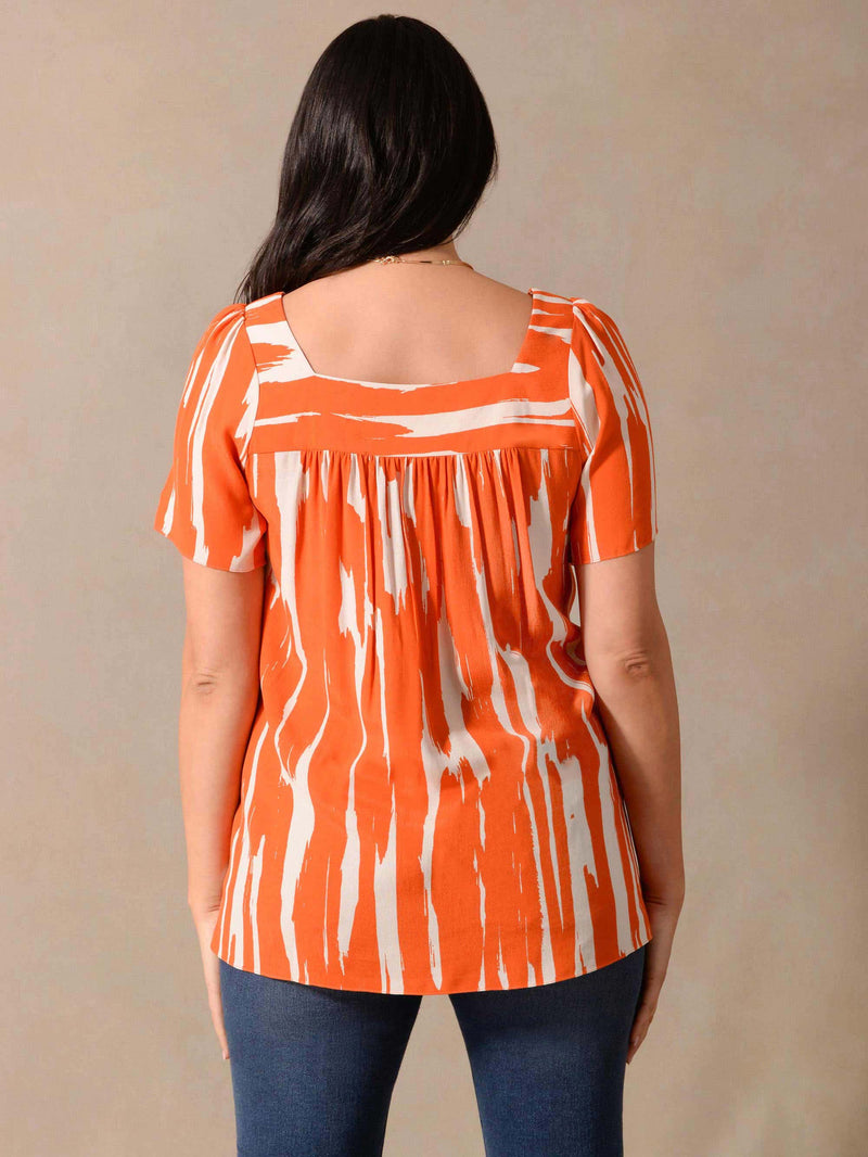 Orange Brushstroke Print Square Neck Blouse
