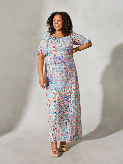 Multi Mosaic Print Bardot Maxi Dress