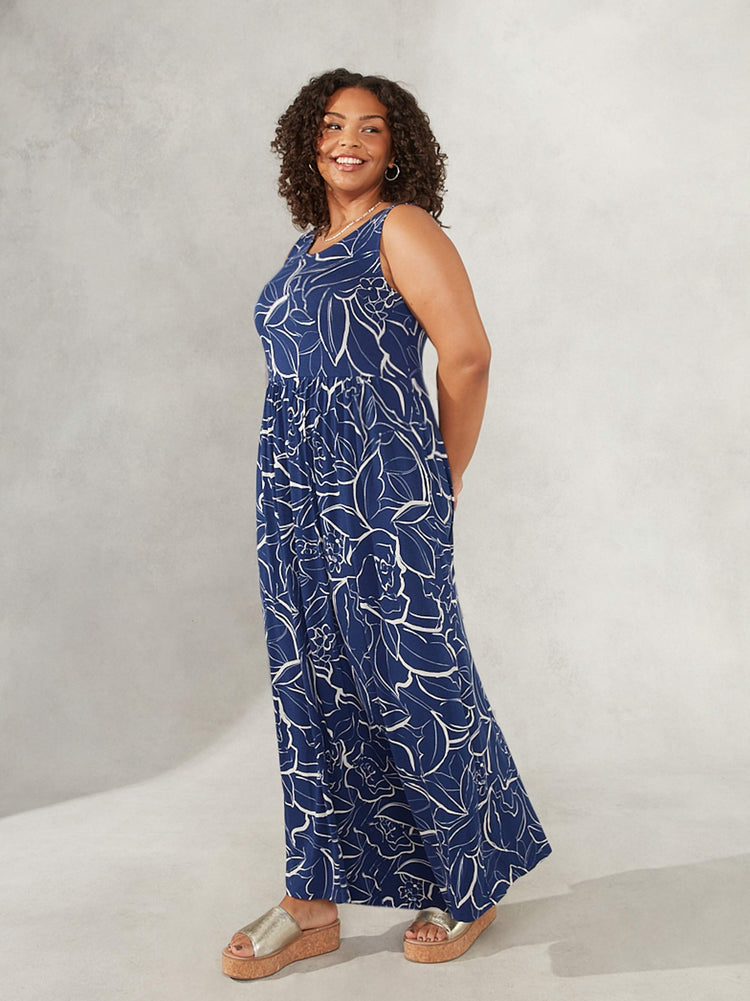 Navy Floral Linear Print Jersey Maxi Dress