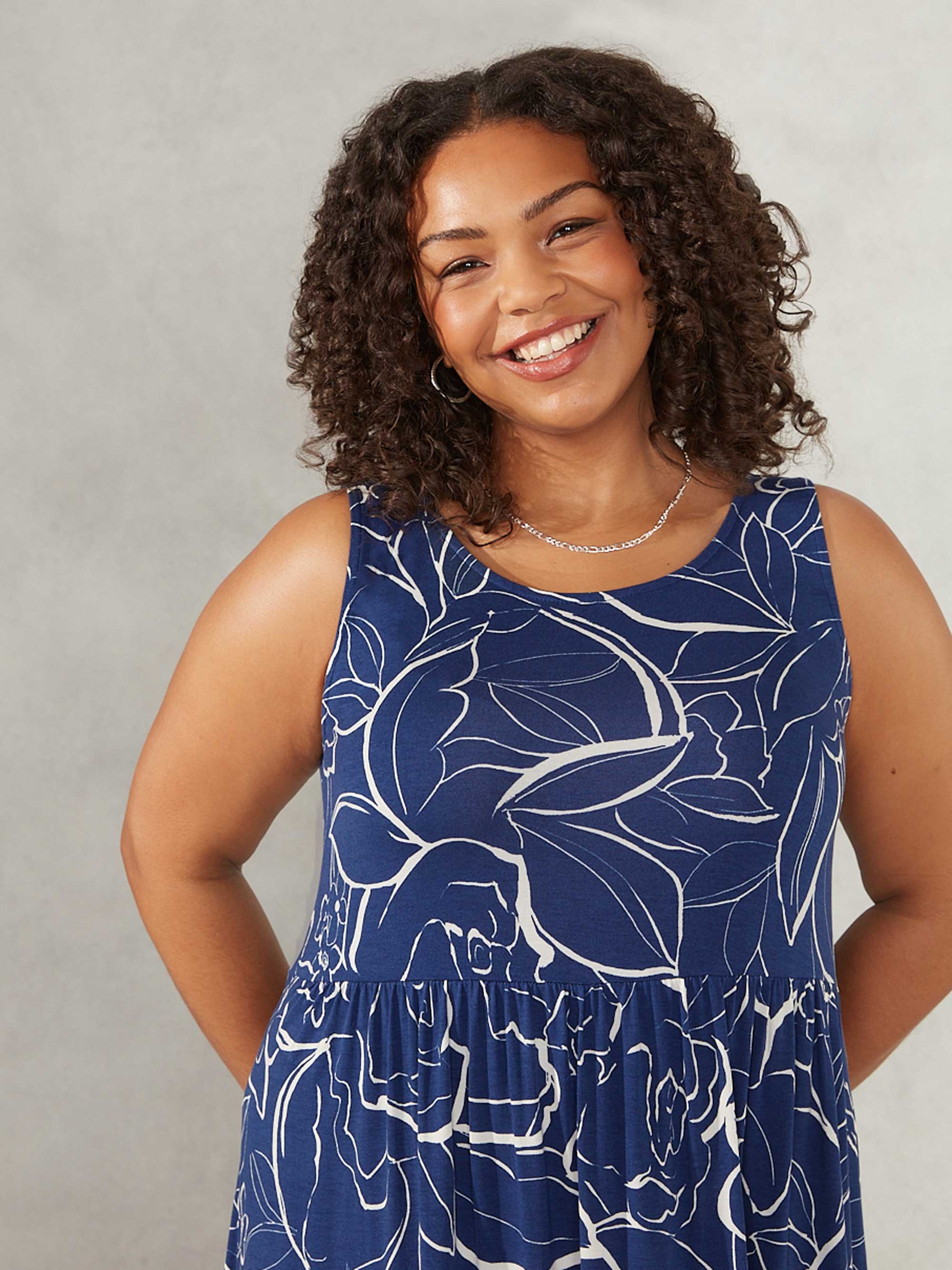 Navy Floral Linear Print Jersey Maxi Dress