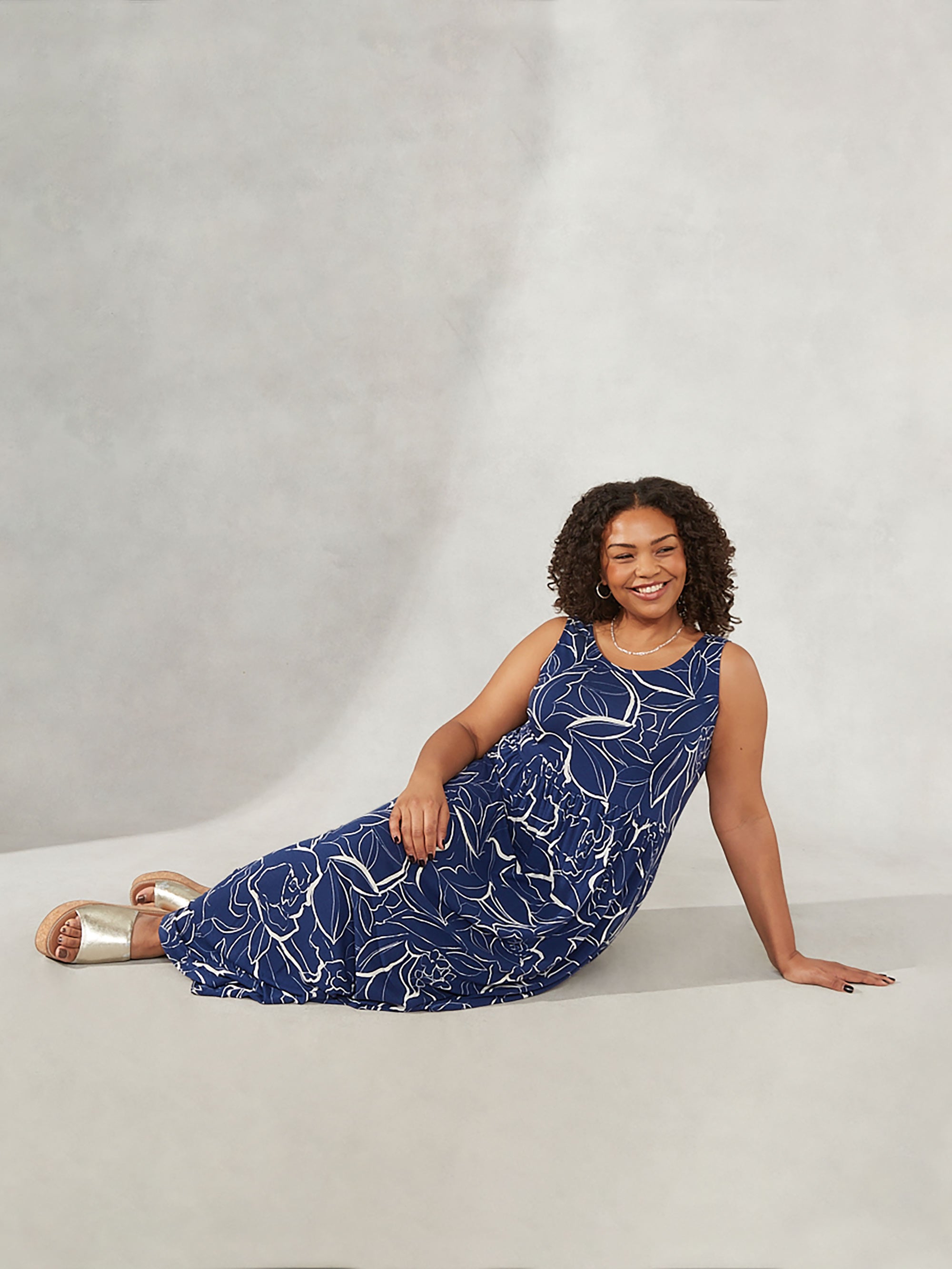 Navy Floral Linear Print Jersey Maxi Dress