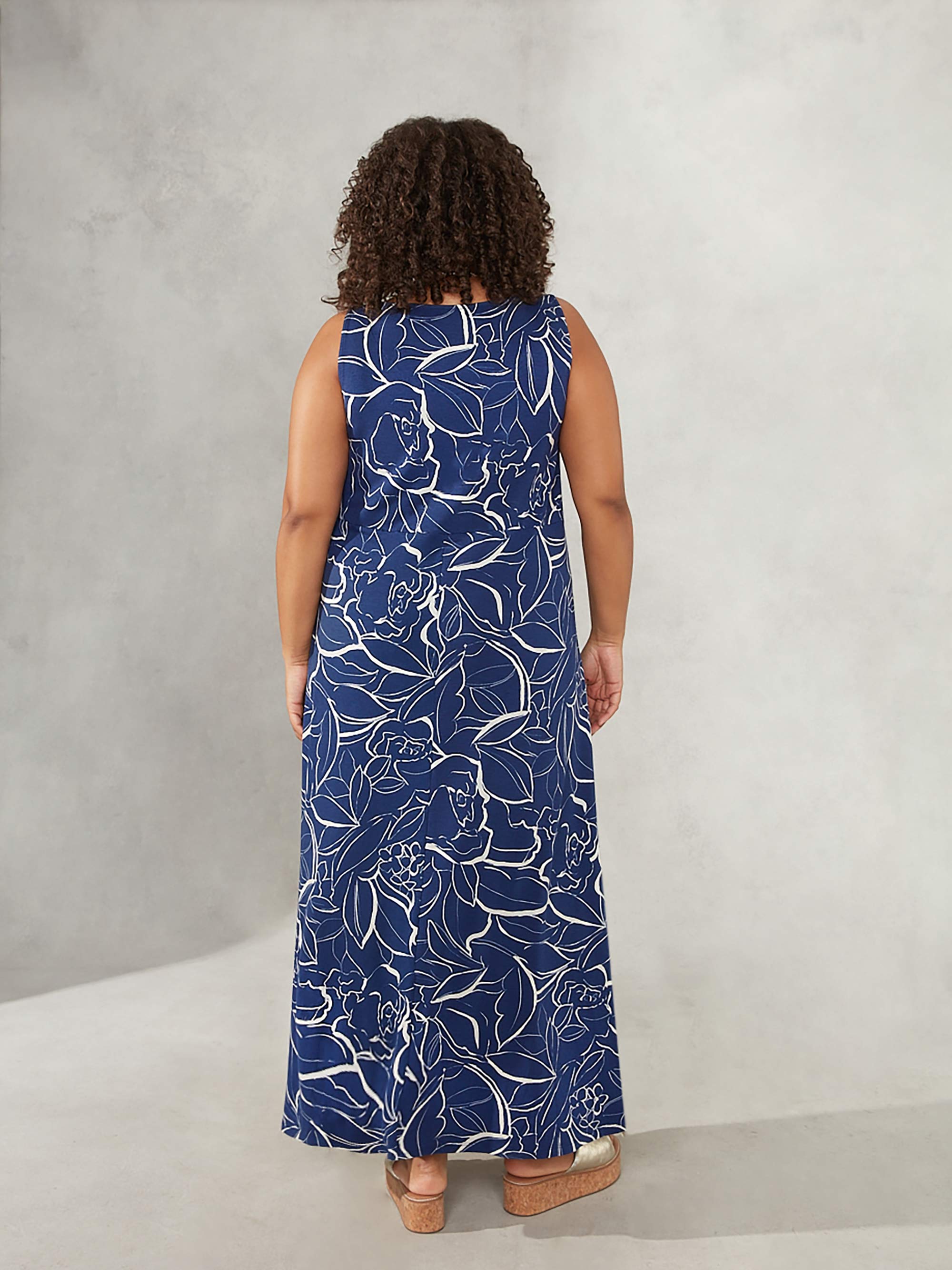 Navy Floral Linear Print Jersey Maxi Dress