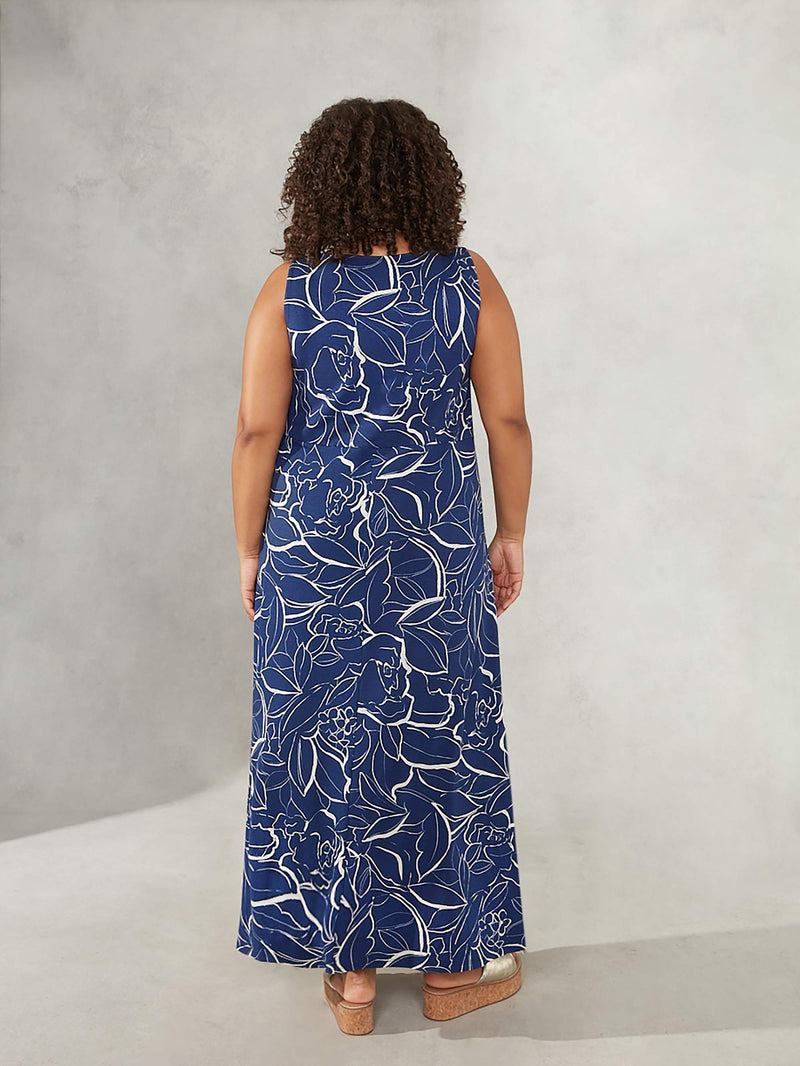Navy Floral Linear Print Jersey Maxi Dress