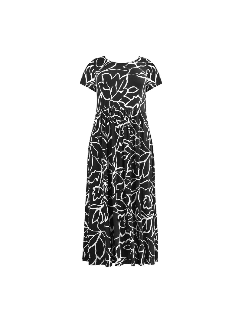 Black Linear Floral Print Smock Jersey Maxi Dress