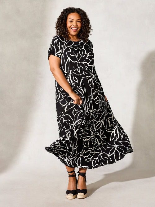 Black Linear Floral Print Smock Jersey Maxi Dress