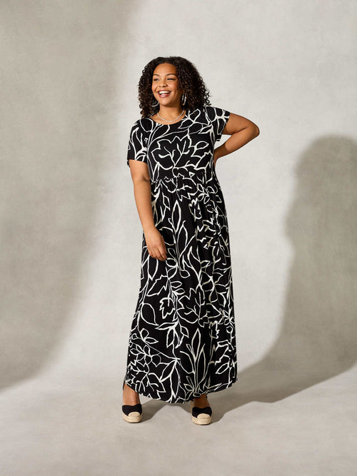 Black Linear Floral Print Smock Jersey Maxi Dress