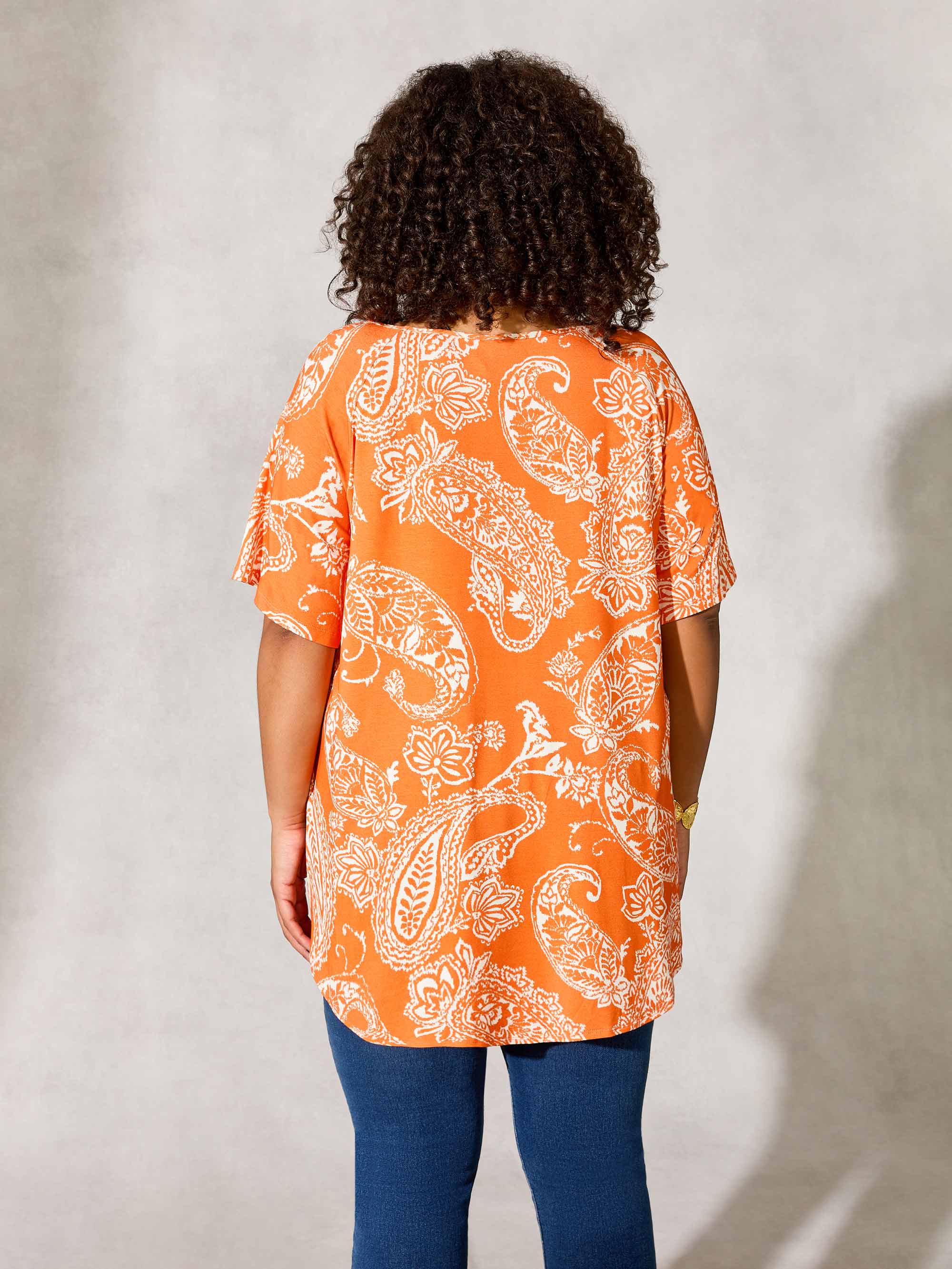 Orange Paisley Print Flutter Sleeve Jersey Top