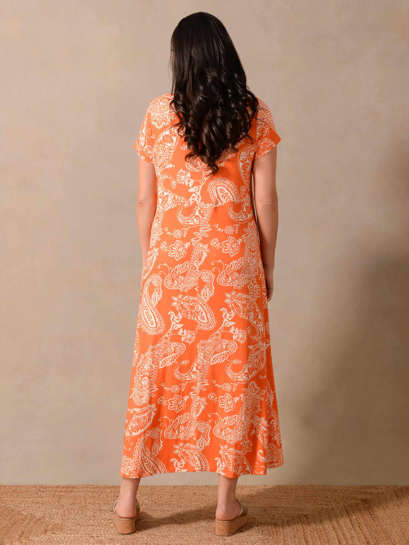 Orange Paisley Print Smock Jersey Maxi Dress