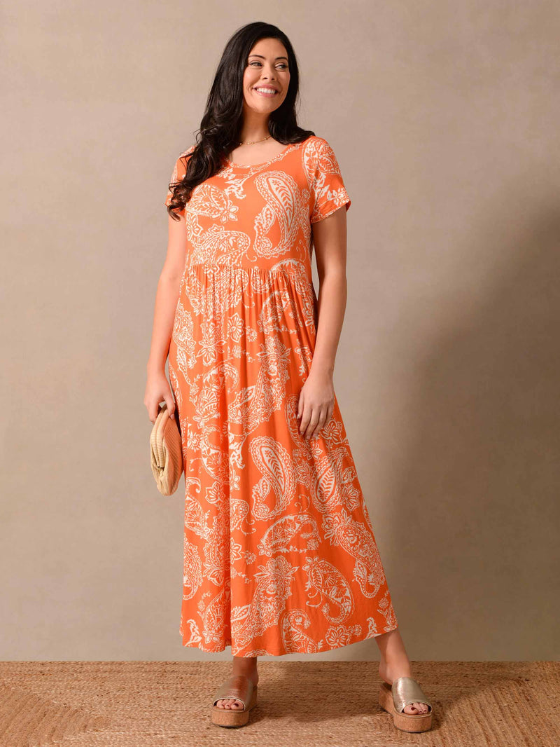 Orange Paisley Print Smock Jersey Maxi Dress