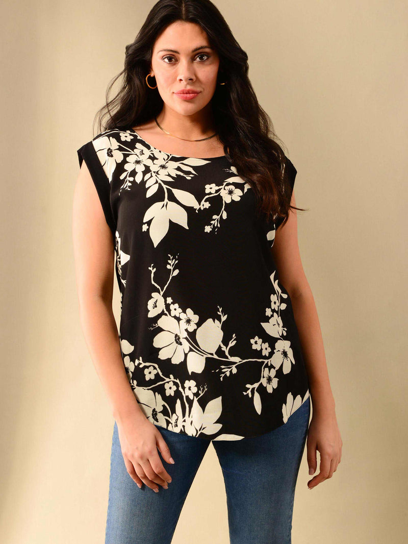 Mono Floral Blossom Print Jesey Back T-Shirt