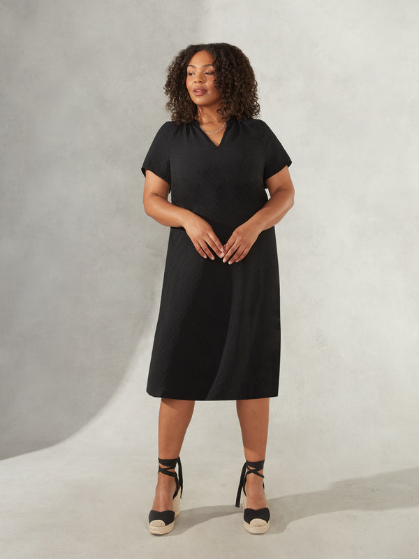 Black Jacquard Shirred Shoulder Dress