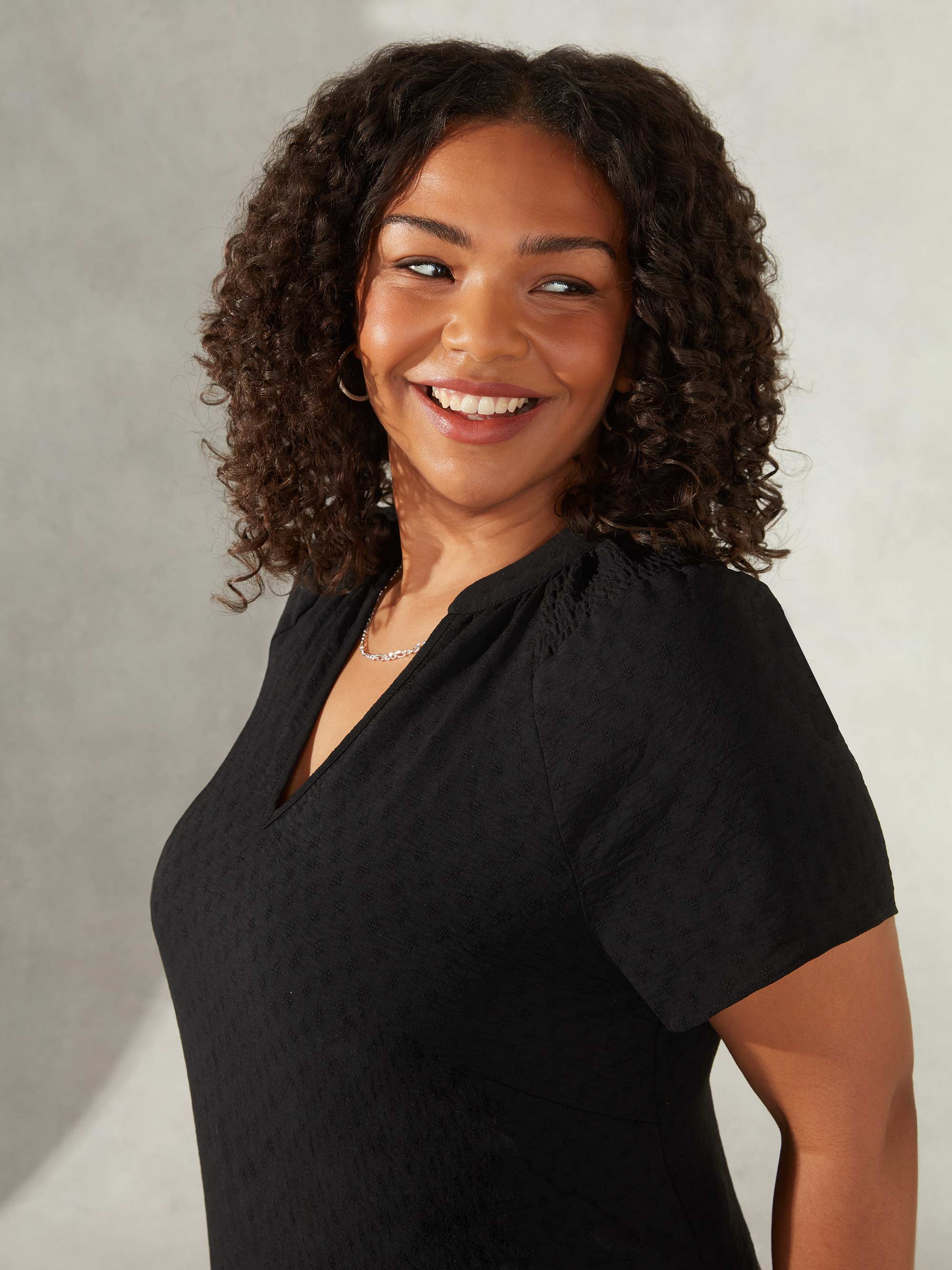 Black Jacquard Shirred Shoulder Dress