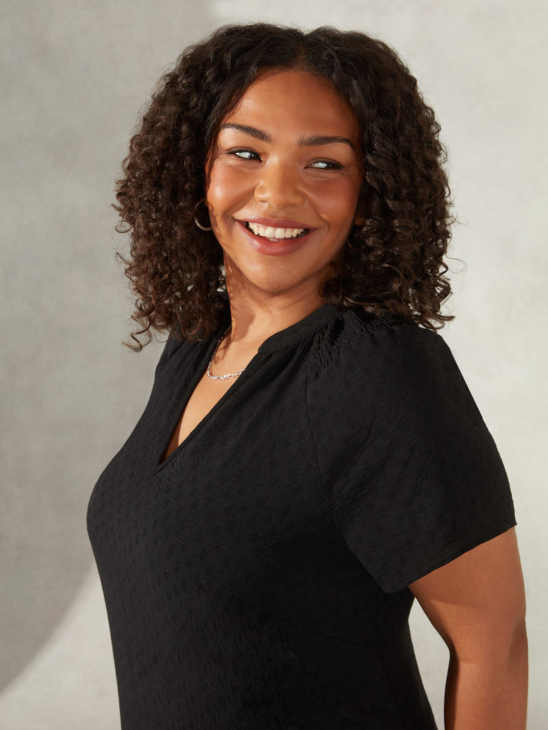 Black Jacquard Shirred Shoulder Dress