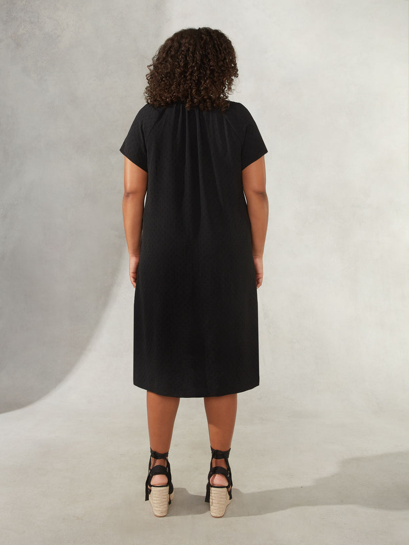 Black Jacquard Shirred Shoulder Dress