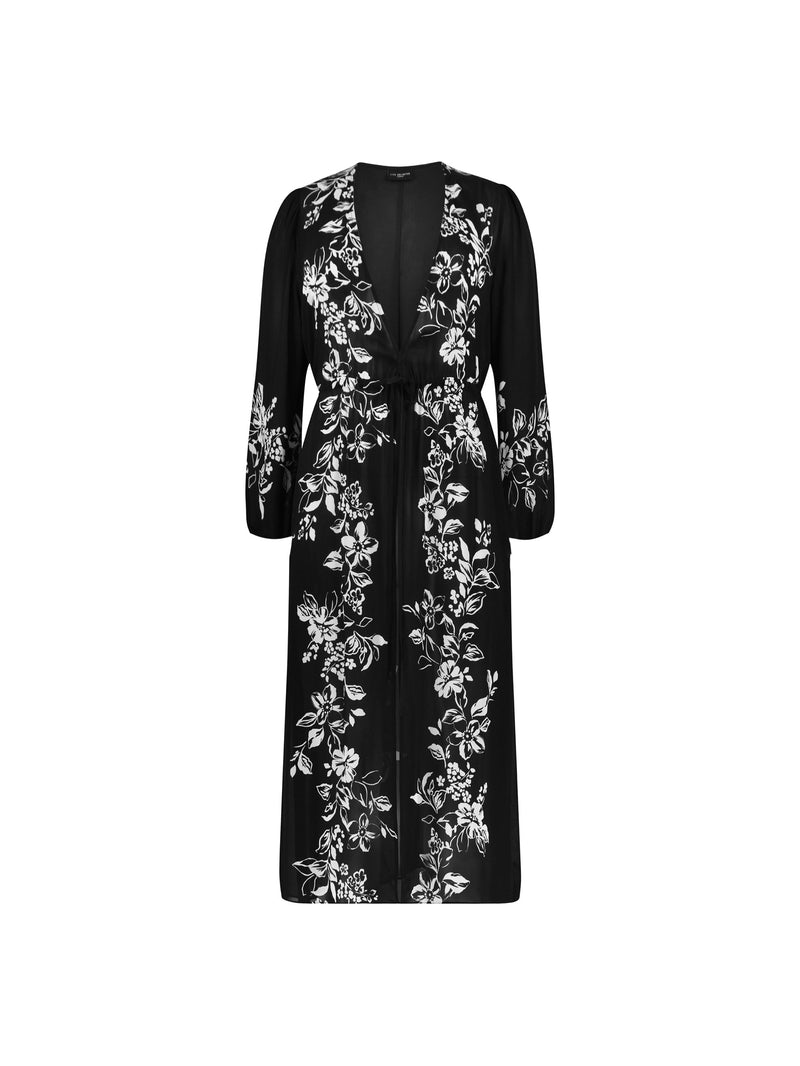 Black Floral Placement Print Longline Kimono