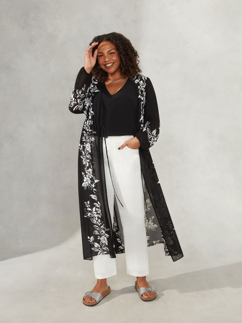 Black Floral Placement Print Longline Kimono