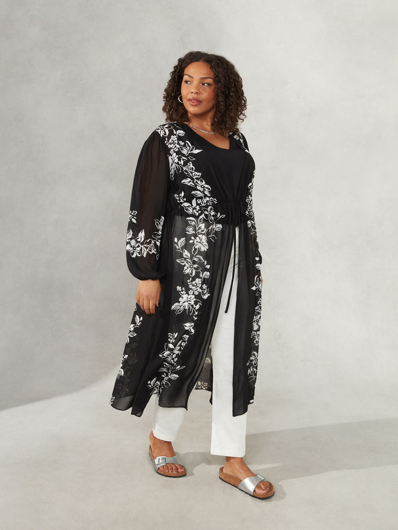 Black Floral Placement Print Longline Kimono
