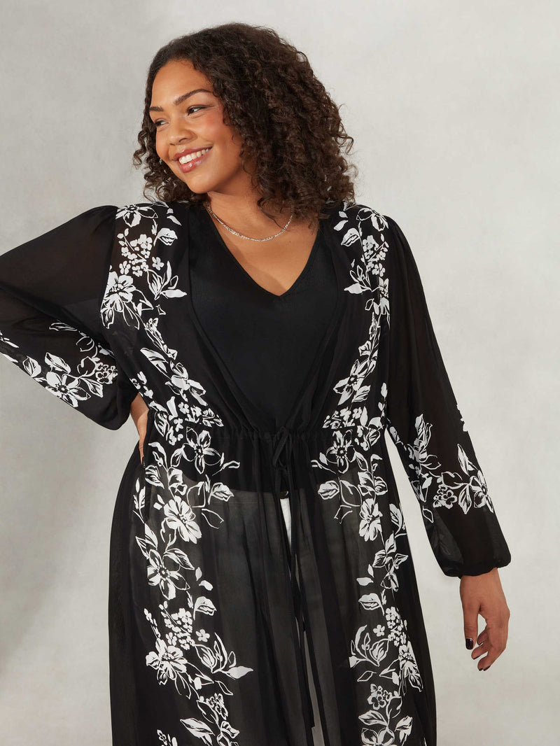 Black Floral Placement Print Longline Kimono