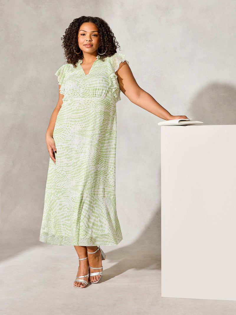Green Animal Print Textured Ruffle Sleeve Midi Dress