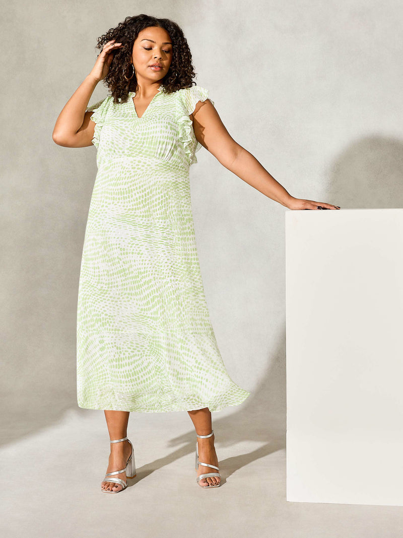 Green Animal Print Textured Ruffle Sleeve Midi Dress