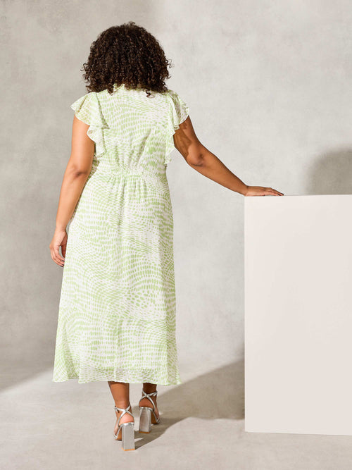 Green Animal Print Textured Ruffle Sleeve Midi Dress