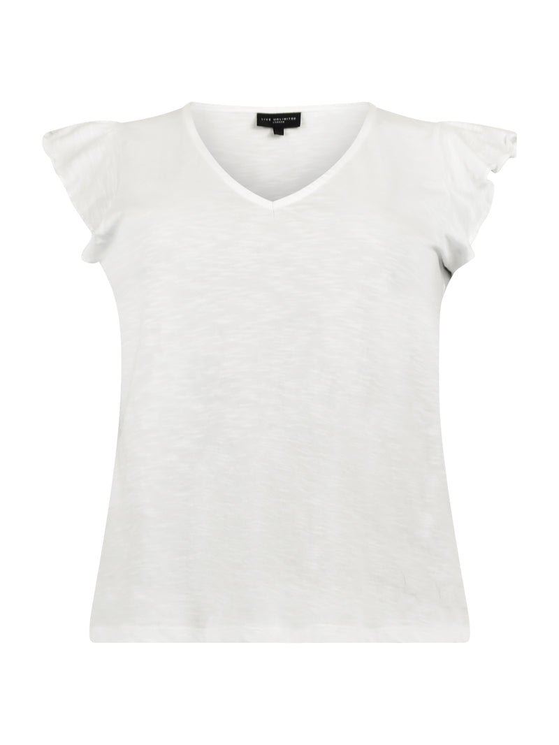 White Frill Sleeve Cotton Textured T-shirt