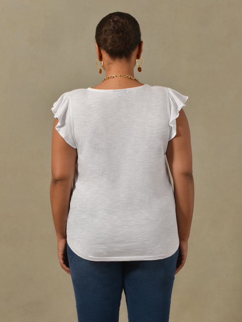 White Frill Sleeve Cotton Textured T-shirt