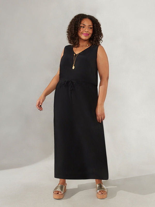Black Drawstring Waist Side Split Maxi Skirt