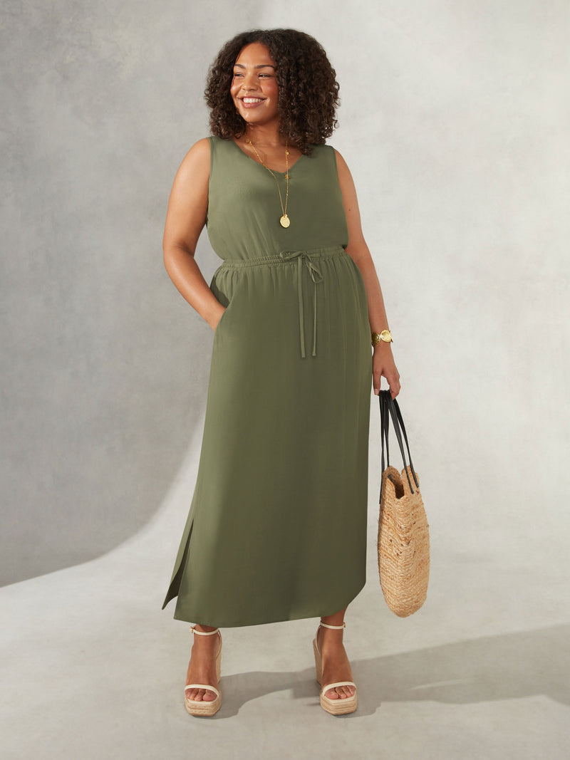 Khaki Drawstring Waist Side Split Maxi Skirt