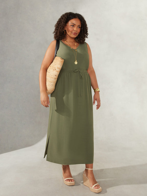 Khaki Drawstring Waist Side Split Maxi Skirt