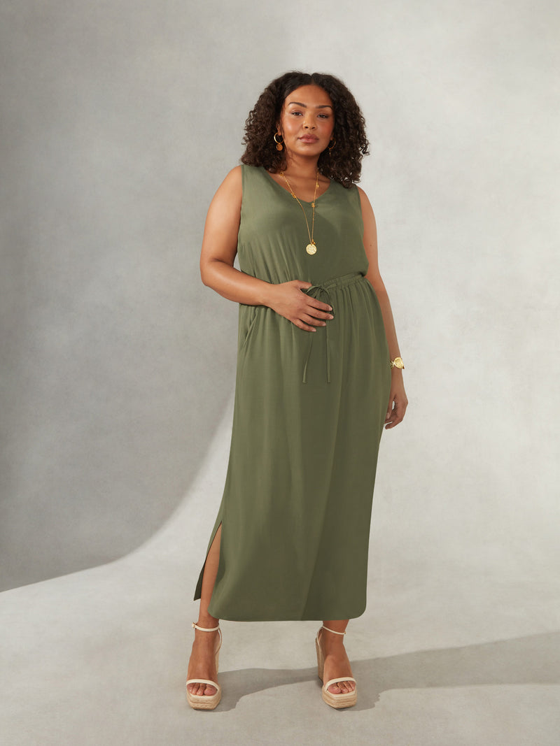 Khaki Drawstring Waist Side Split Maxi Skirt