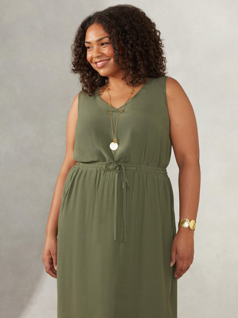 Khaki Drawstring Waist Side Split Maxi Skirt