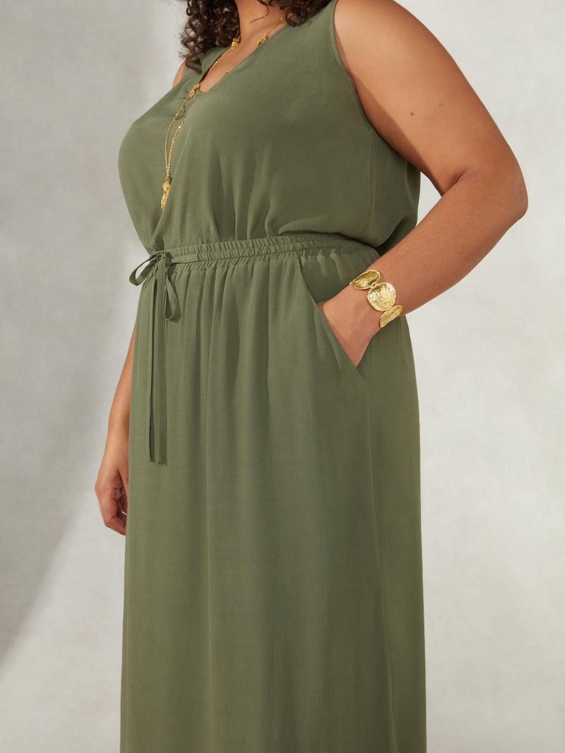Khaki Drawstring Waist Side Split Maxi Skirt