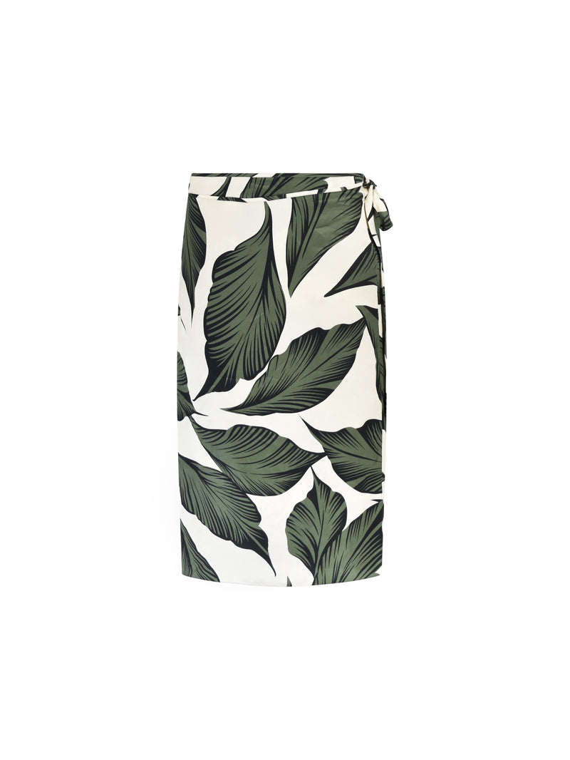 Khaki Palm Print Wrap Tie Up Midi Skirt