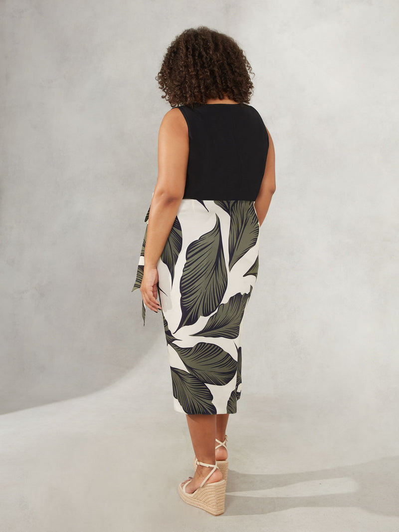 Khaki Palm Print Wrap Tie Up Midi Skirt