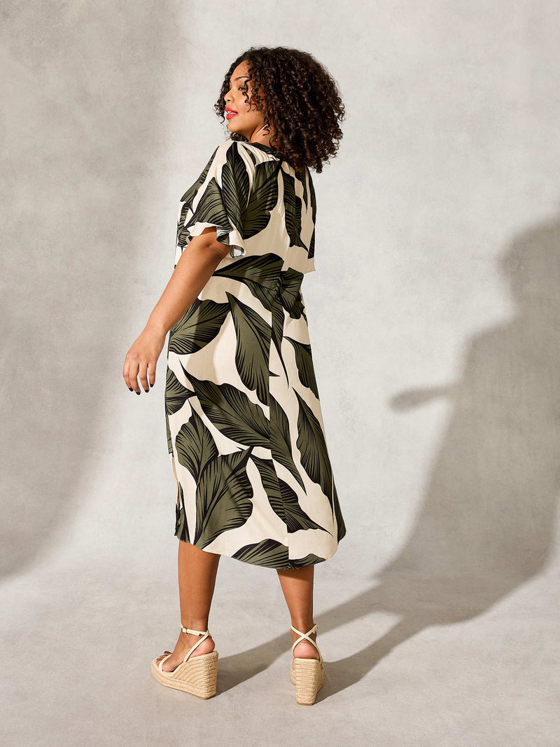 Khaki Palm Print Midi Shift Dress