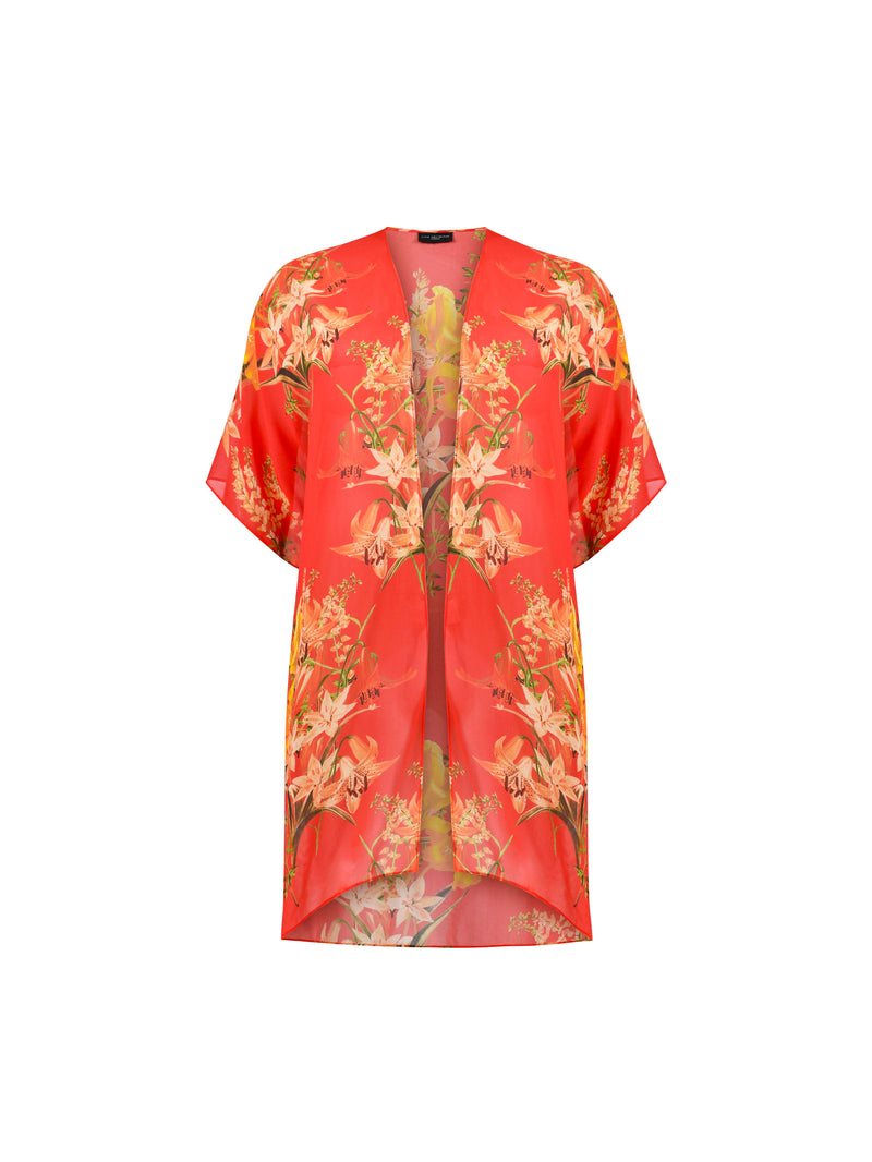 Orange Tropical Floral Print Kimono