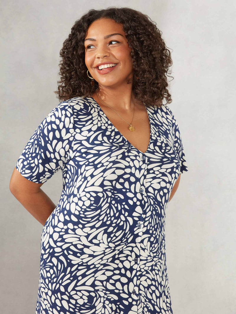 Navy Pebble Print Button Through Jersey Dress