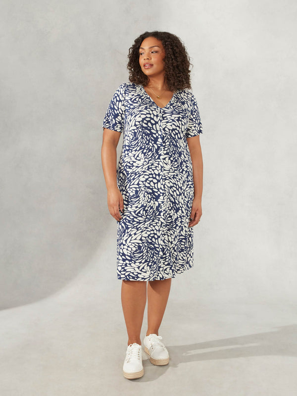 Navy Pebble Print Button Through Jersey Dress