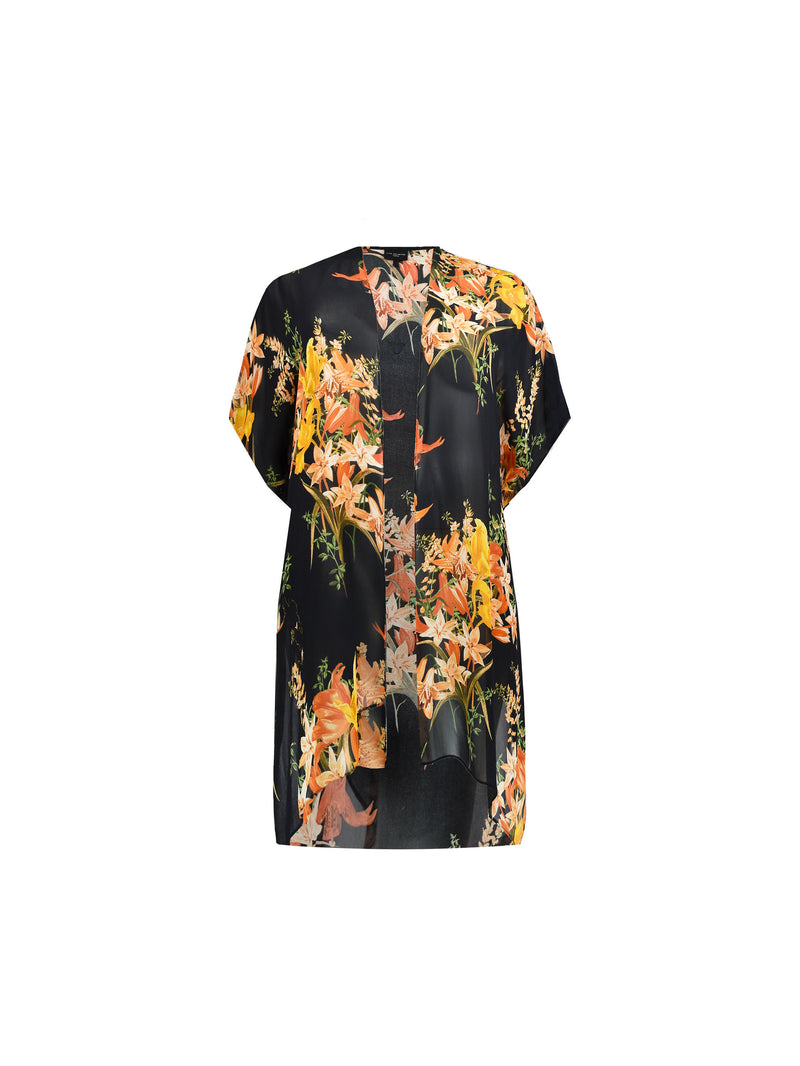 Black Tropical Floral Print Kimono