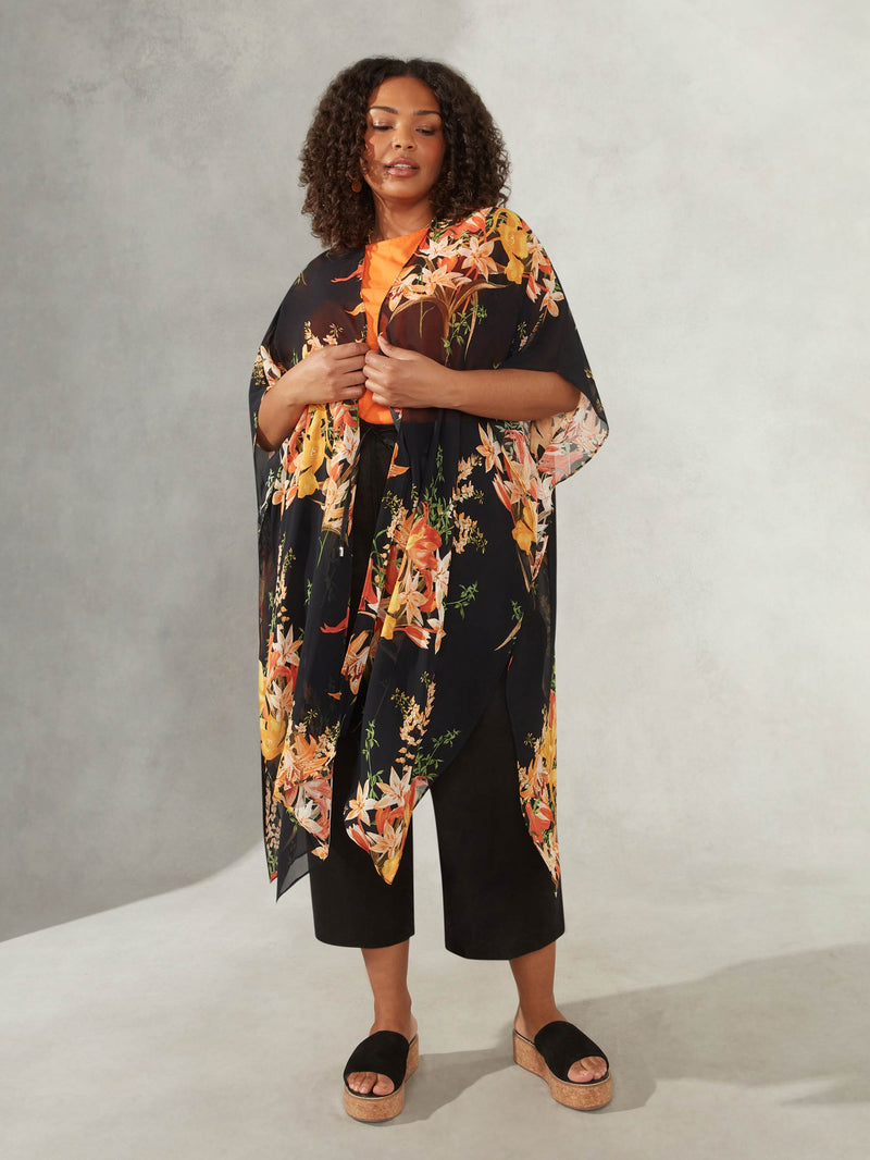 Black Tropical Floral Print Kimono