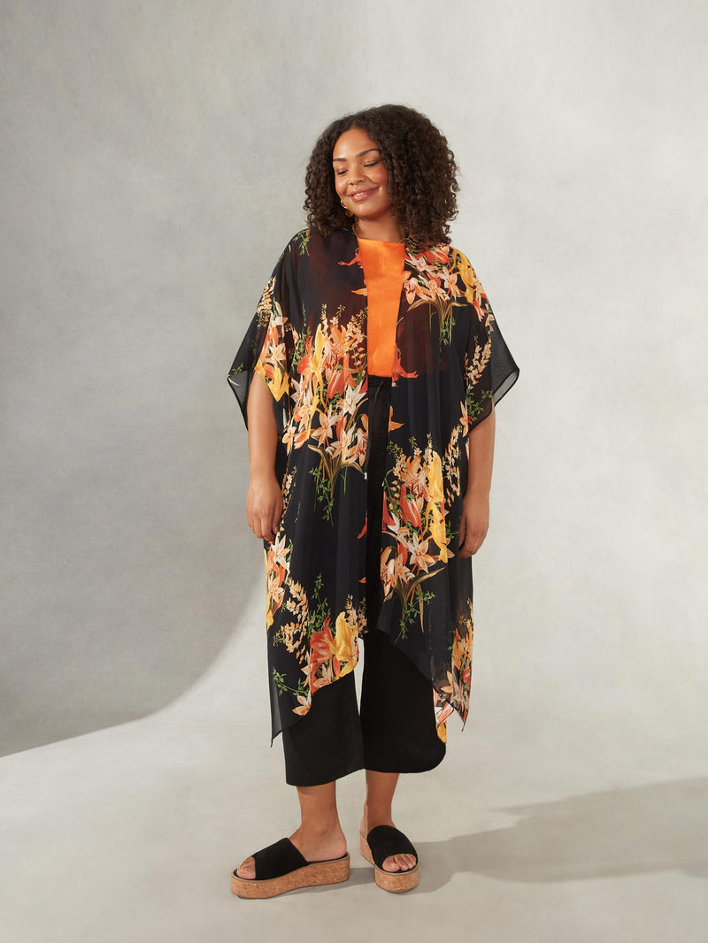Black Tropical Floral Print Kimono