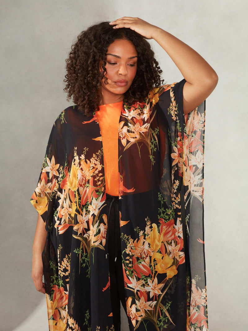 Black Tropical Floral Print Kimono