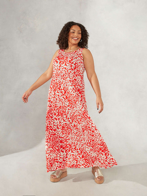 Red Pebble Print Empire Jersey Maxi Dress