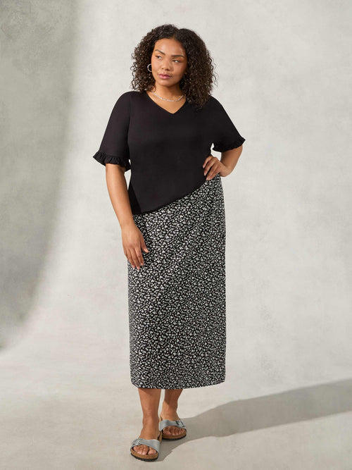 Mono Ditsy Floral Print Jersey Midi Skirt