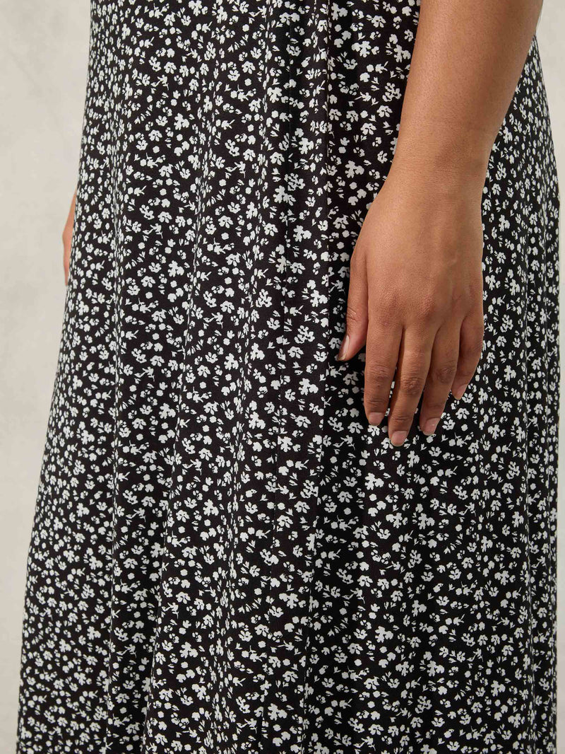 Mono Ditsy Floral Print Jersey Midi Skirt