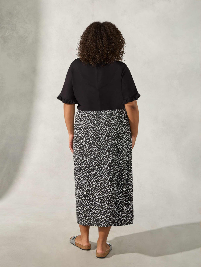 Mono Ditsy Floral Print Jersey Midi Skirt