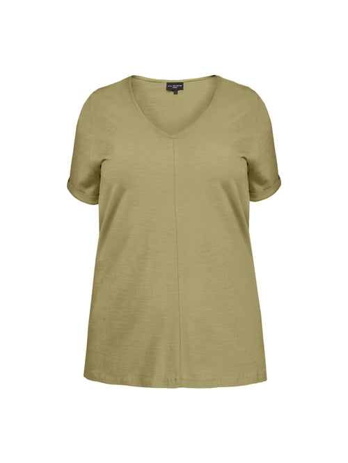 Khaki Cotton Textured V-Neck T-shirt