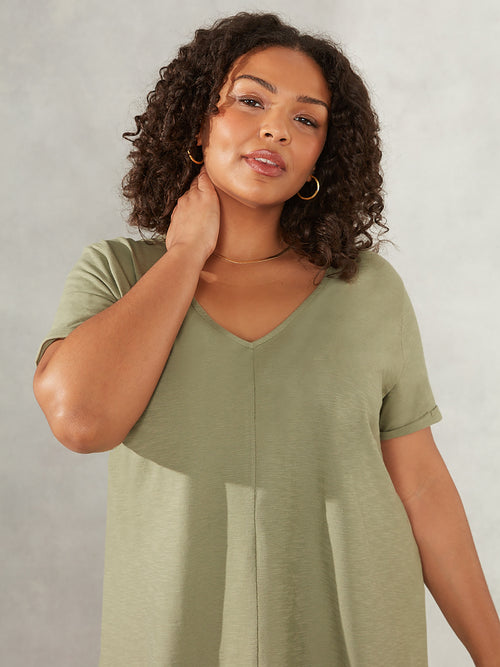 Khaki Cotton Textured V-Neck T-shirt